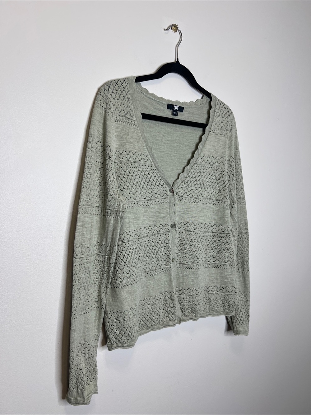 FRYE Light Sage Green V Neck 100% Cotton Cardigan Sweater size Large - Picture 6 of 14